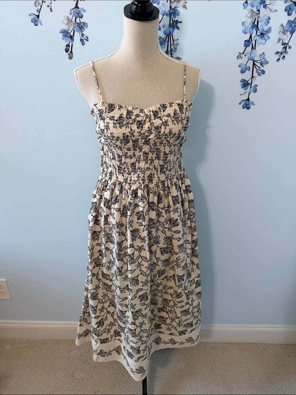 Smocked Floral Midi Dress in Cream and Black